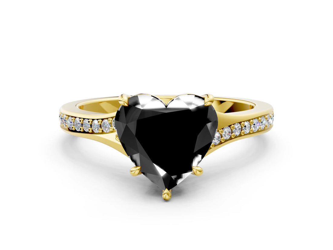 Yellow gold Fancy Black Heart Cut Diamond Solitaire Ring with Pavé Band and Prong Setting_12