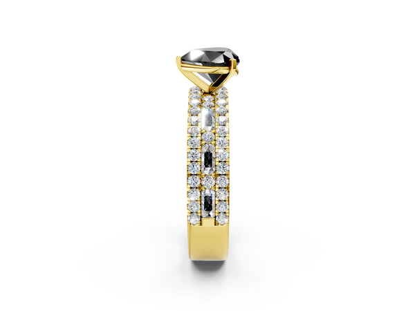 Yellow Gold Heart-Shaped Pave and Baguette Engagement Ring Setting for Black Center