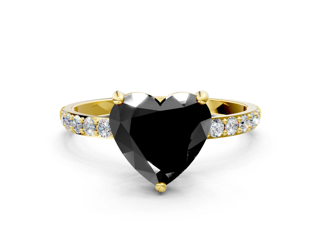 Yellow gold Fancy Black Heart Cut Diamond Solitaire Ring with Pave Band and Four Prong Setting_12