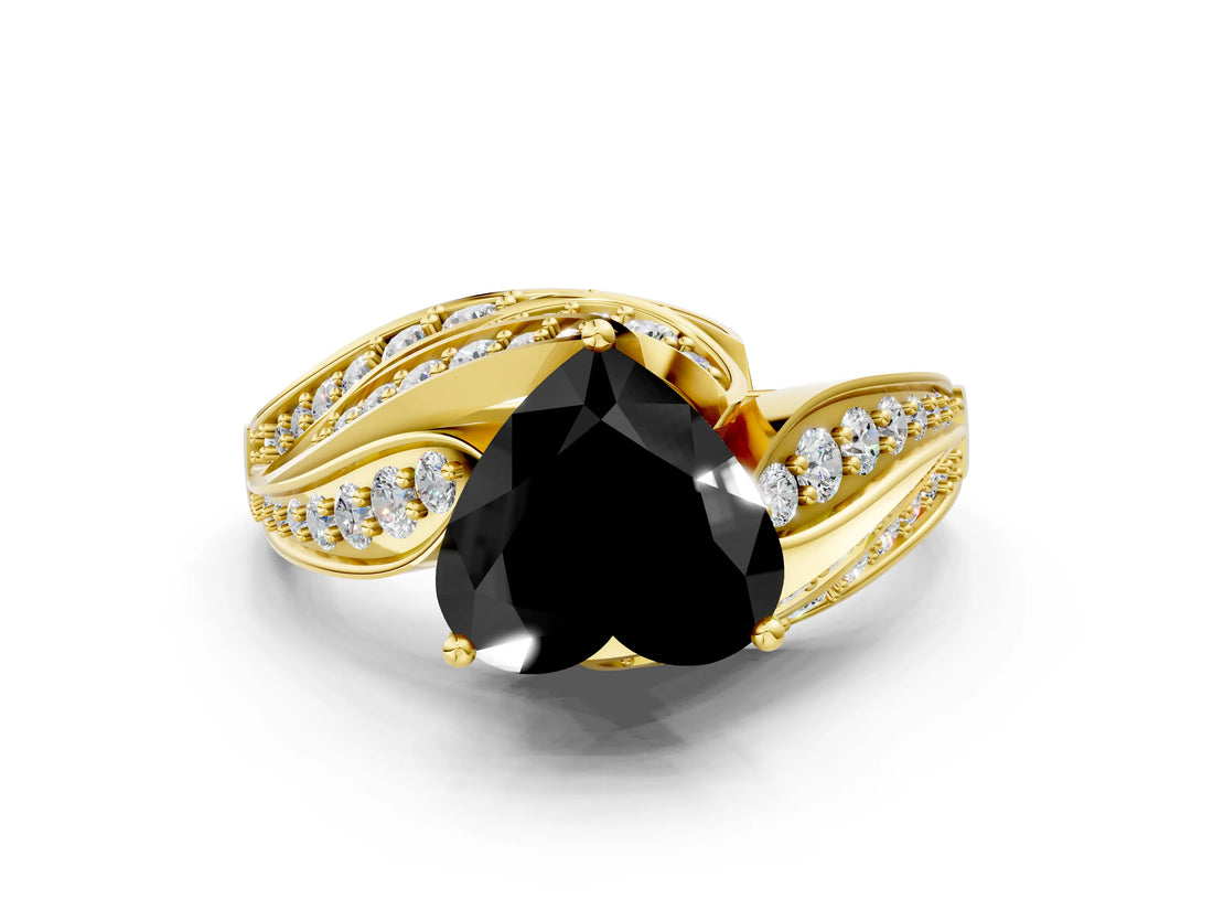 Yellow gold Fancy Black Heart Cut Diamond Solitaire Ring with Prong Setting and Twisted Pavé Band
