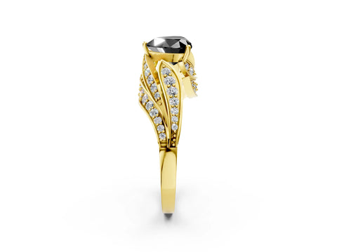 Yellow gold Fancy Black Heart Cut Diamond Solitaire Ring with Prong Setting and Twisted Pavé Band_2