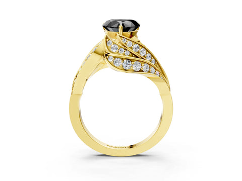 Yellow gold Fancy Black Heart Cut Diamond Solitaire Ring with Prong Setting and Twisted Pavé Band_3