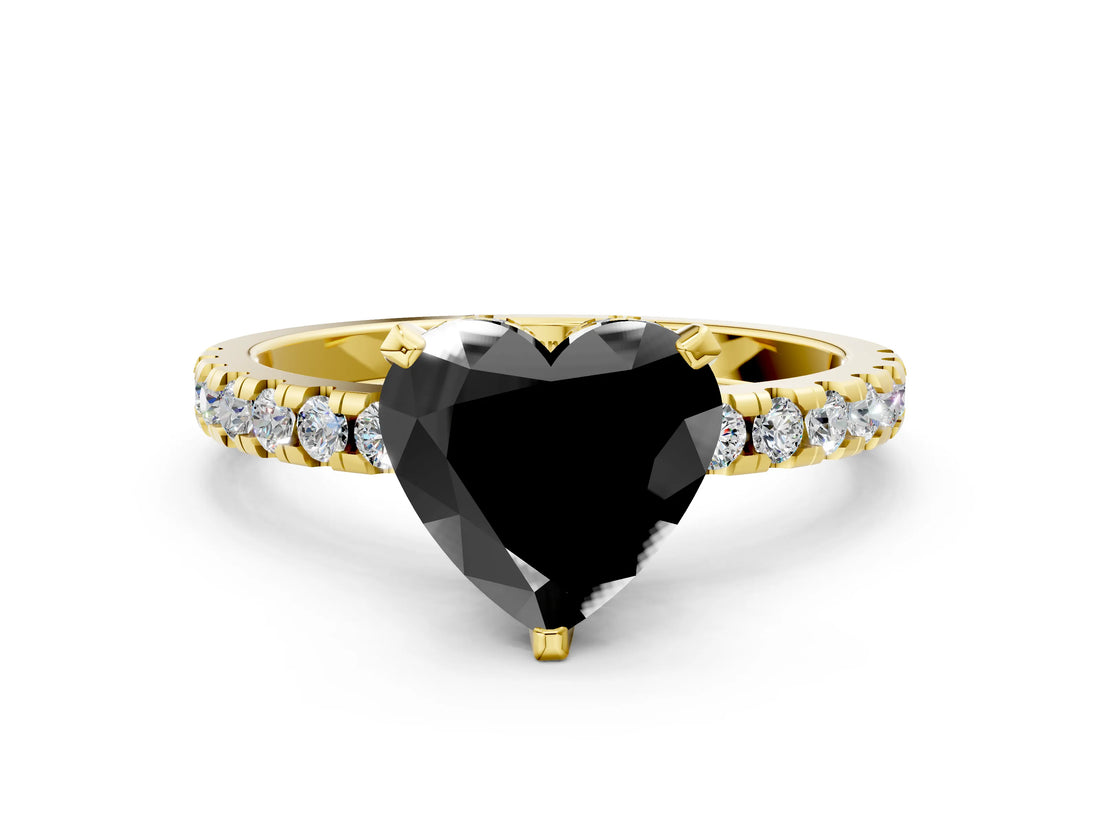 Yellow gold Fancy Black Heart Cut Diamond Solitaire Ring with Round  Pavé Band and Four-Prong Setting_48