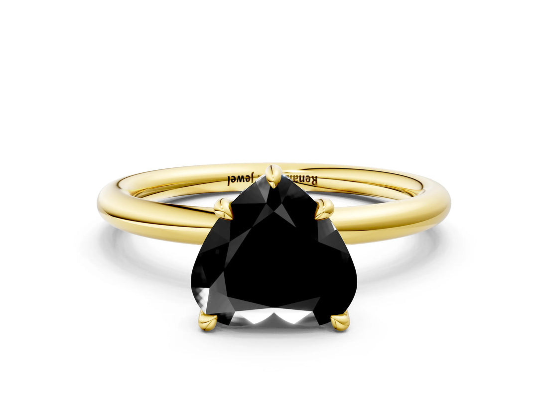 Yellow gold Fancy Black Heart Cut Diamond Solitaire Ring with Thin Band and Four-Prong Setting
