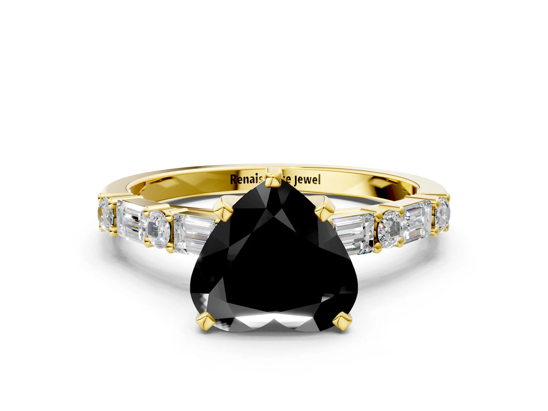 Yellow gold Fancy Black Heart Cut Diamond Solitaire with Side Baguettes and Channel Set Band