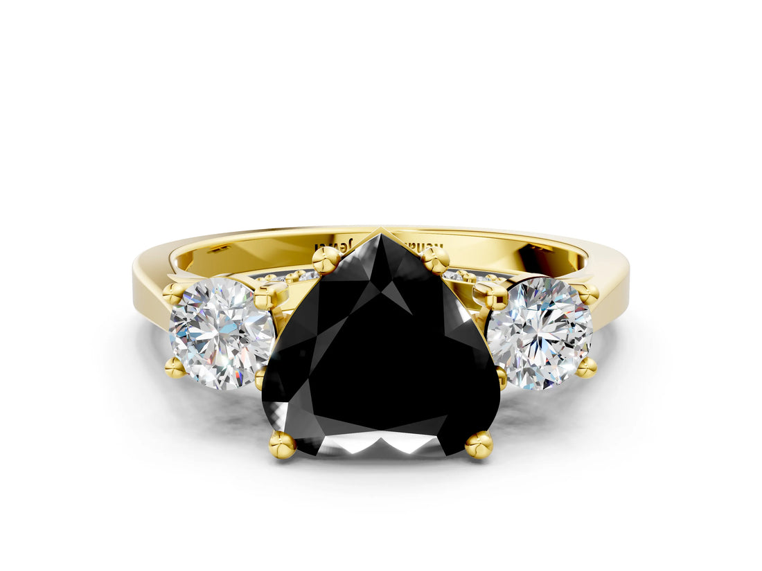 Yellow gold Fancy Black Heart Cut Diamond Three-Stone Engagement Ring with Prong Setting and Pavé Band