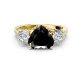 Yellow gold Fancy Black Heart Cut Diamond Three-Stone Engagement Ring with Prong Setting and Pavé Band