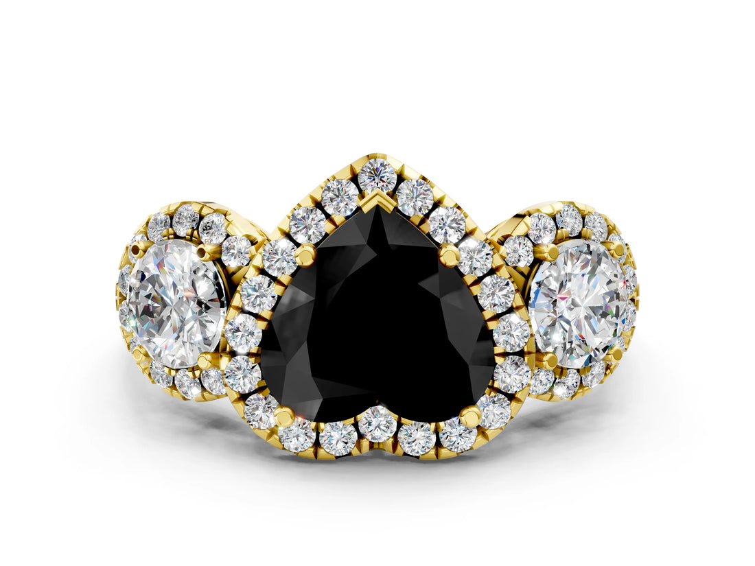 Yellow gold Fancy Black Heart Cut Diamond Three-Stone Halo Ring with Prong Setting and Pavé Accents
