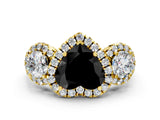 Yellow gold Fancy Black Heart Cut Diamond Three-Stone Halo Ring with Prong Setting and Pavé Accents