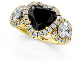 Yellow gold Fancy Black Heart Cut Diamond Three-Stone Halo Ring with Prong Setting and Pavé Accents_1
