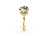Yellow gold Fancy Black Heart Cut Diamond Three-Stone Halo Ring with Prong Setting and Pavé Accents_2