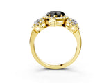 Yellow gold Fancy Black Heart Cut Diamond Three-Stone Halo Ring with Prong Setting and Pavé Accents_3