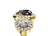 Yellow gold Fancy Black Heart Cut Diamond Three-Stone Halo Ring with Prong Setting and Pavé Accents_5