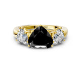 Yellow gold Fancy Black Heart Cut Diamond Three-Stone Ring with Four-Prong Setting and Classic Band