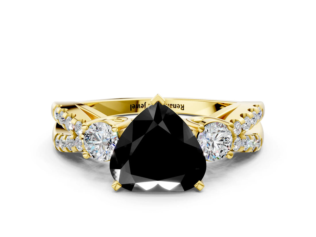 Yellow gold Fancy Black Heart Cut Diamond Three-Stone Ring with Pavé Split Shank and Four-Prong Setting