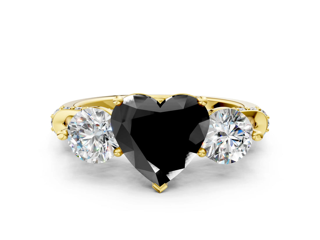 Yellow gold Fancy Black Heart Cut Diamond Three-Stone Ring with Prong Setting and Pavé Band