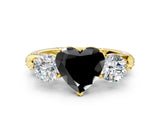 Yellow gold Fancy Black Heart Cut Diamond Three-Stone Ring with Prong Setting and Pavé Band