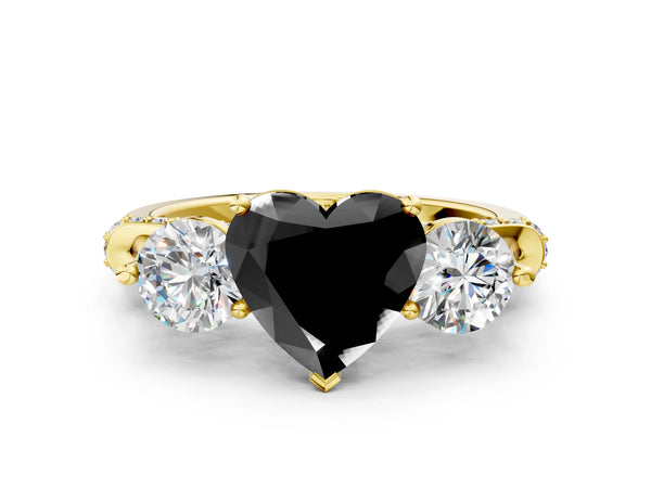 Yellow Gold Heart-Shaped Curved Pave Three Stone Engagement Ring Setting for Black Center