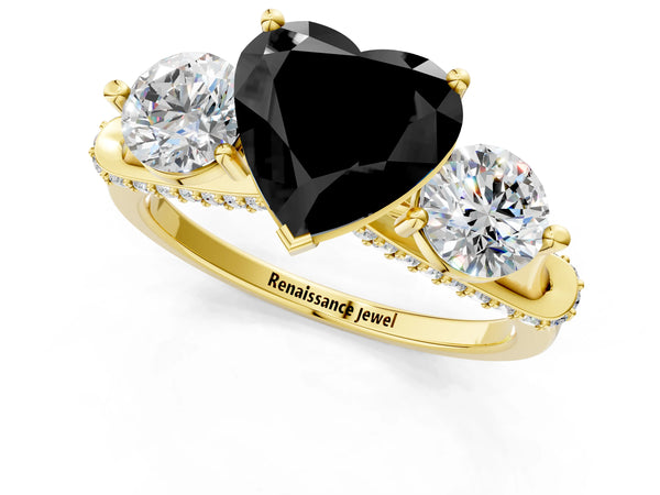 Yellow Gold Heart-Shaped Curved Pave Three Stone Engagement Ring Setting for Black Center