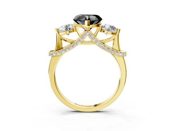 Yellow Gold Heart-Shaped Curved Pave Three Stone Engagement Ring Setting for Black Center