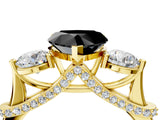 Yellow gold Fancy Black Heart Cut Diamond Three-Stone Ring with Prong Setting and Pavé Band_4