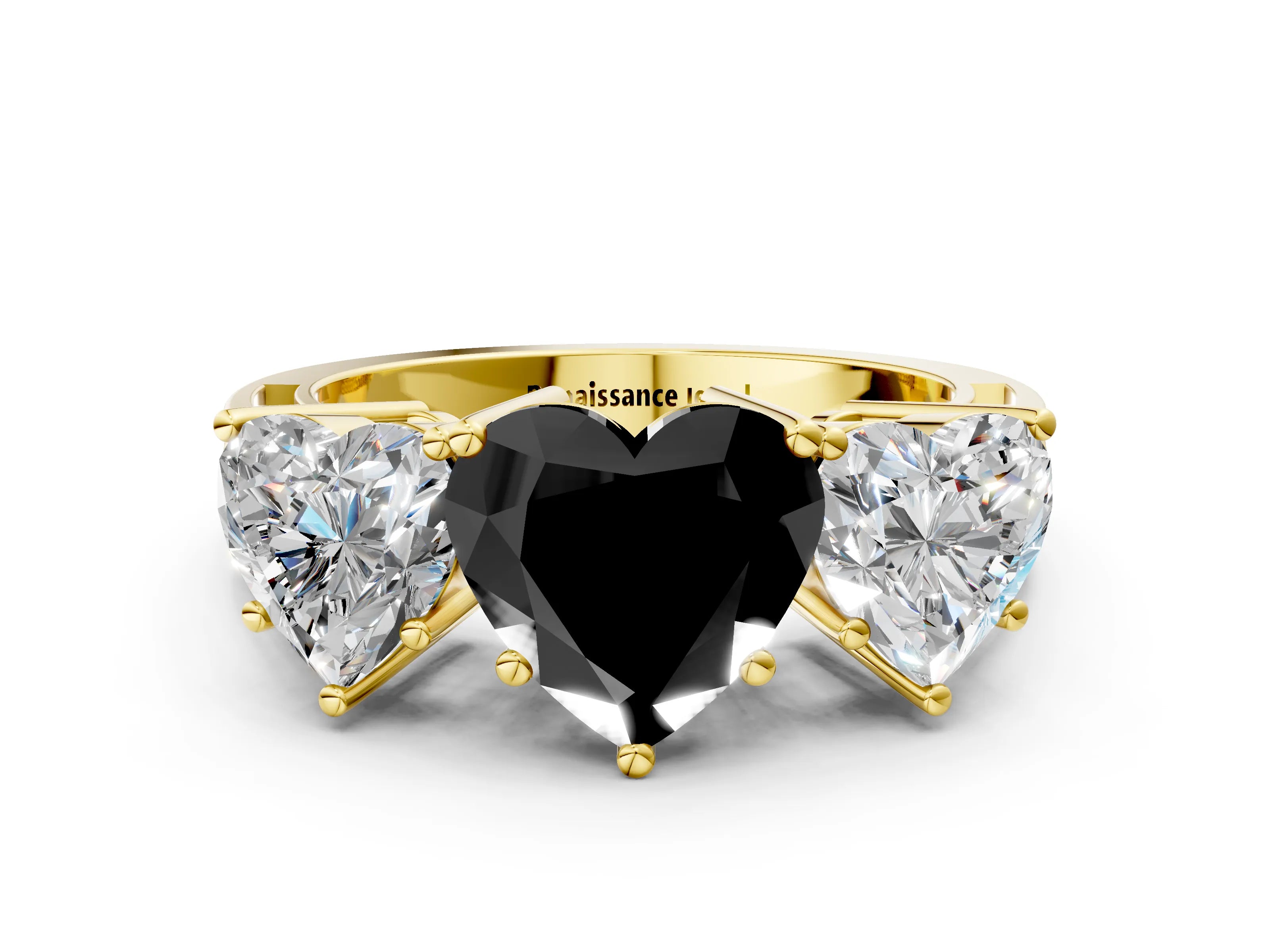 Yellow gold Fancy Black Heart Cut Diamond Three-Stone Ring with Prong Setting and Textured Band_12