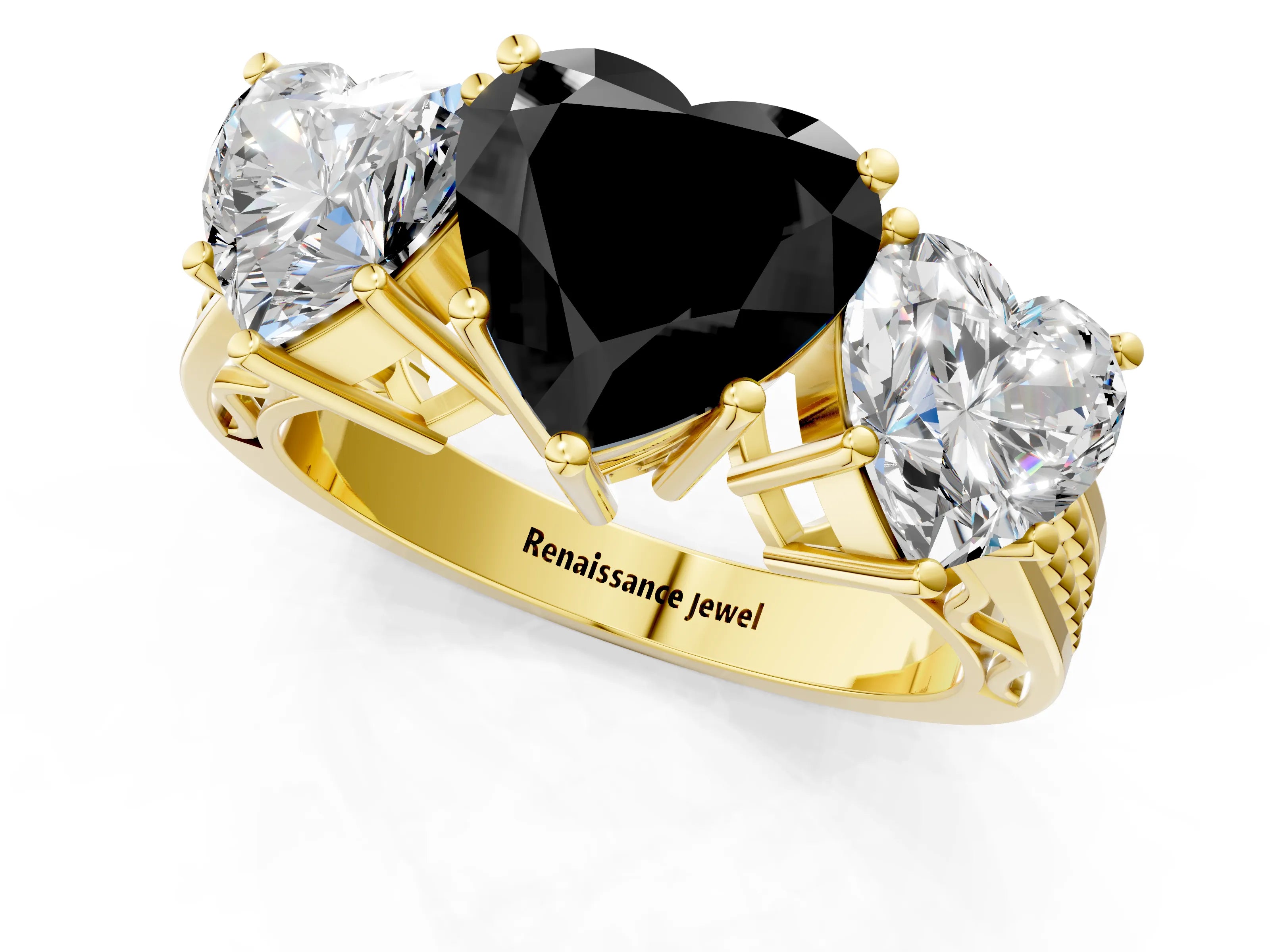 Yellow gold Fancy Black Heart Cut Diamond Three-Stone Ring with Prong Setting and Textured Band_13