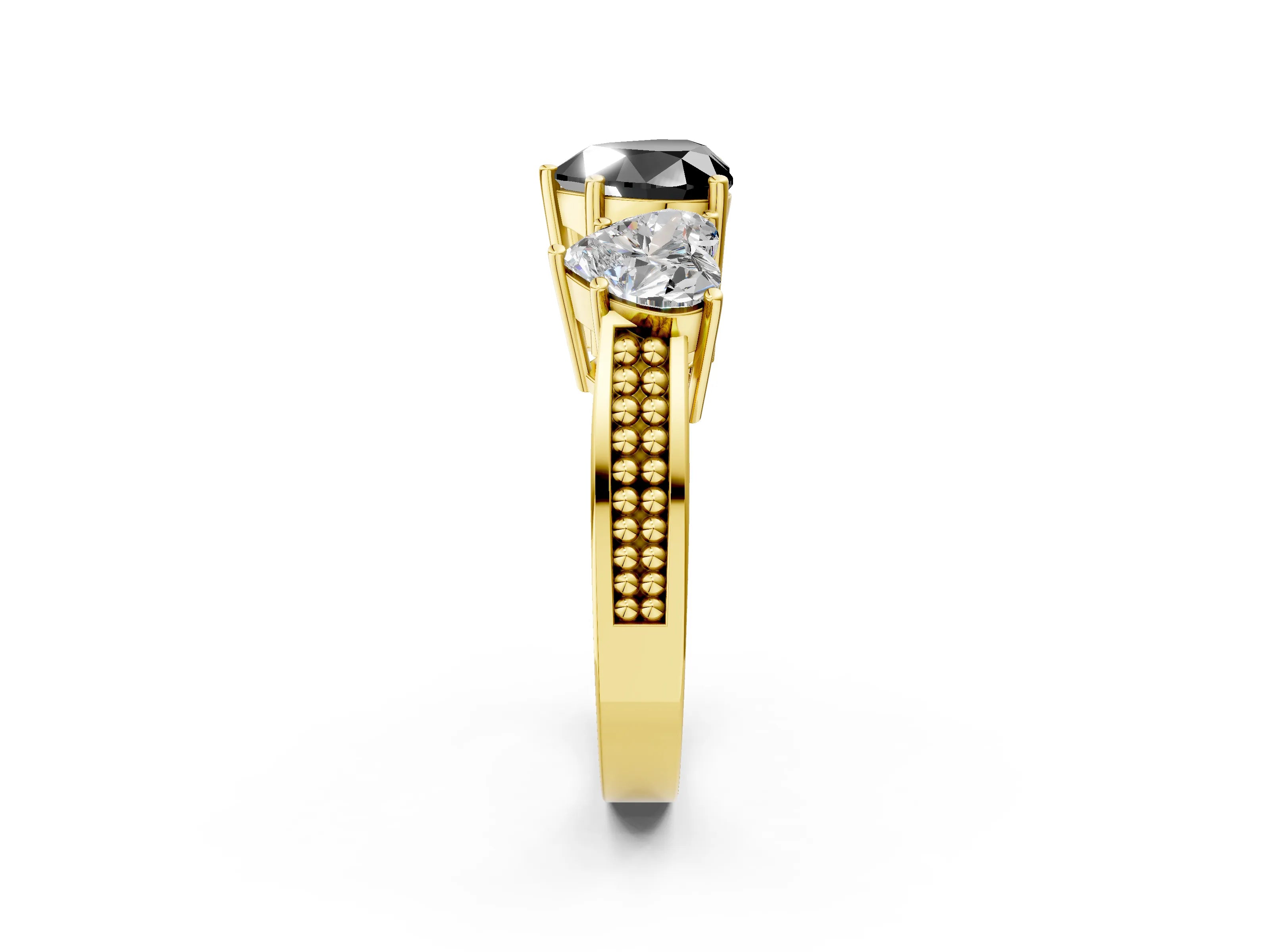Yellow gold Fancy Black Heart Cut Diamond Three-Stone Ring with Prong Setting and Textured Band_14