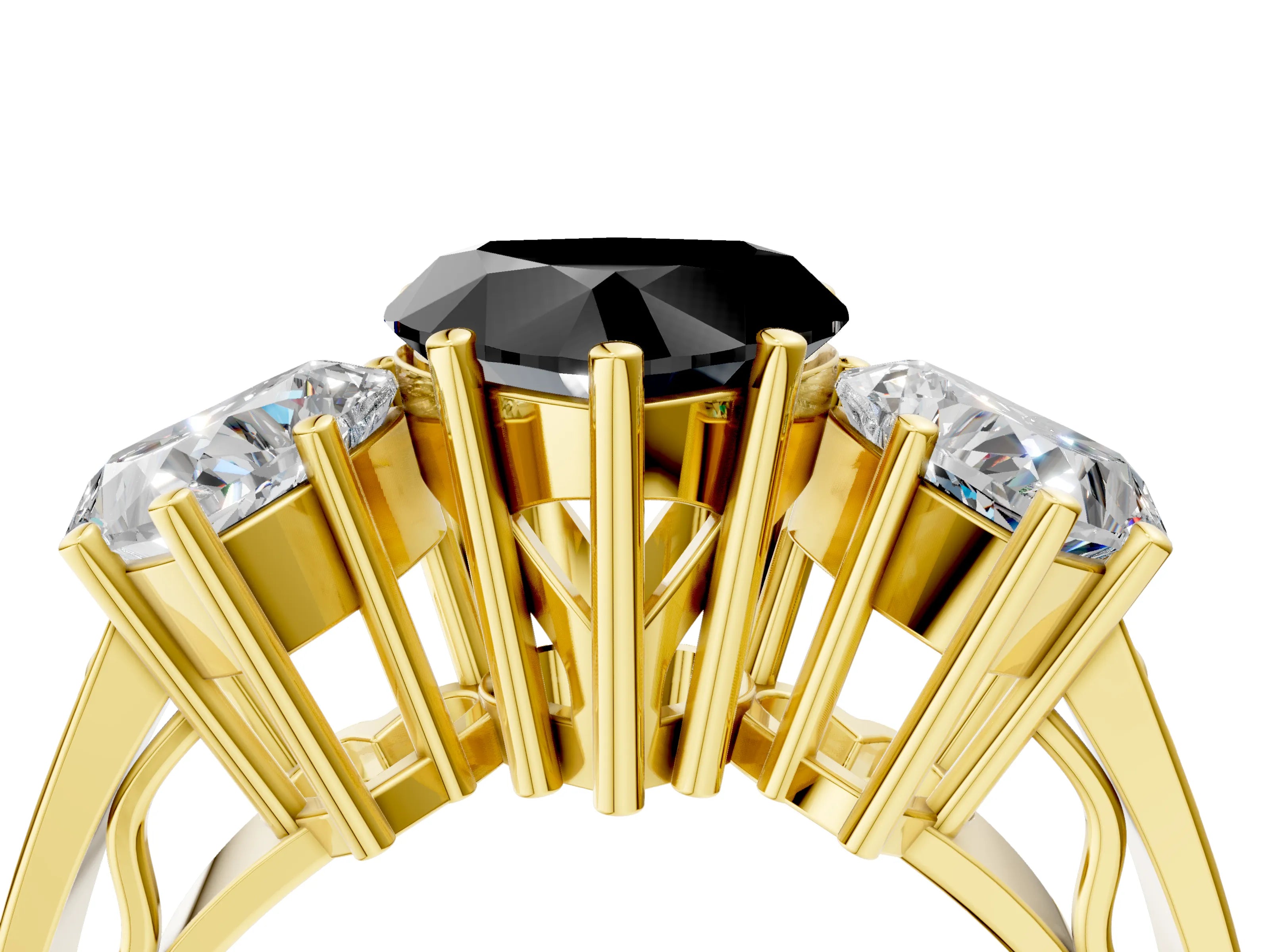 Yellow gold Fancy Black Heart Cut Diamond Three-Stone Ring with Prong Setting and Textured Band_16