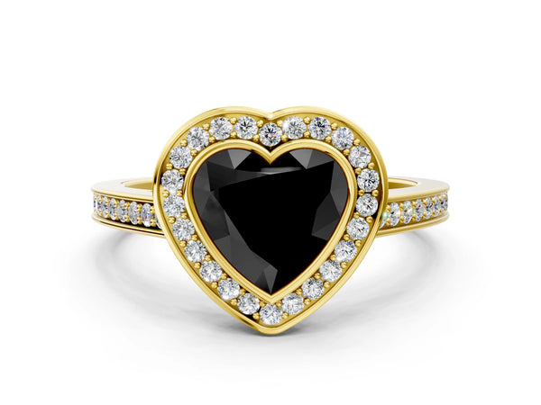 Yellow gold Fancy Black Heart Cut Halo Bezel Diamond Pave Band Ring
