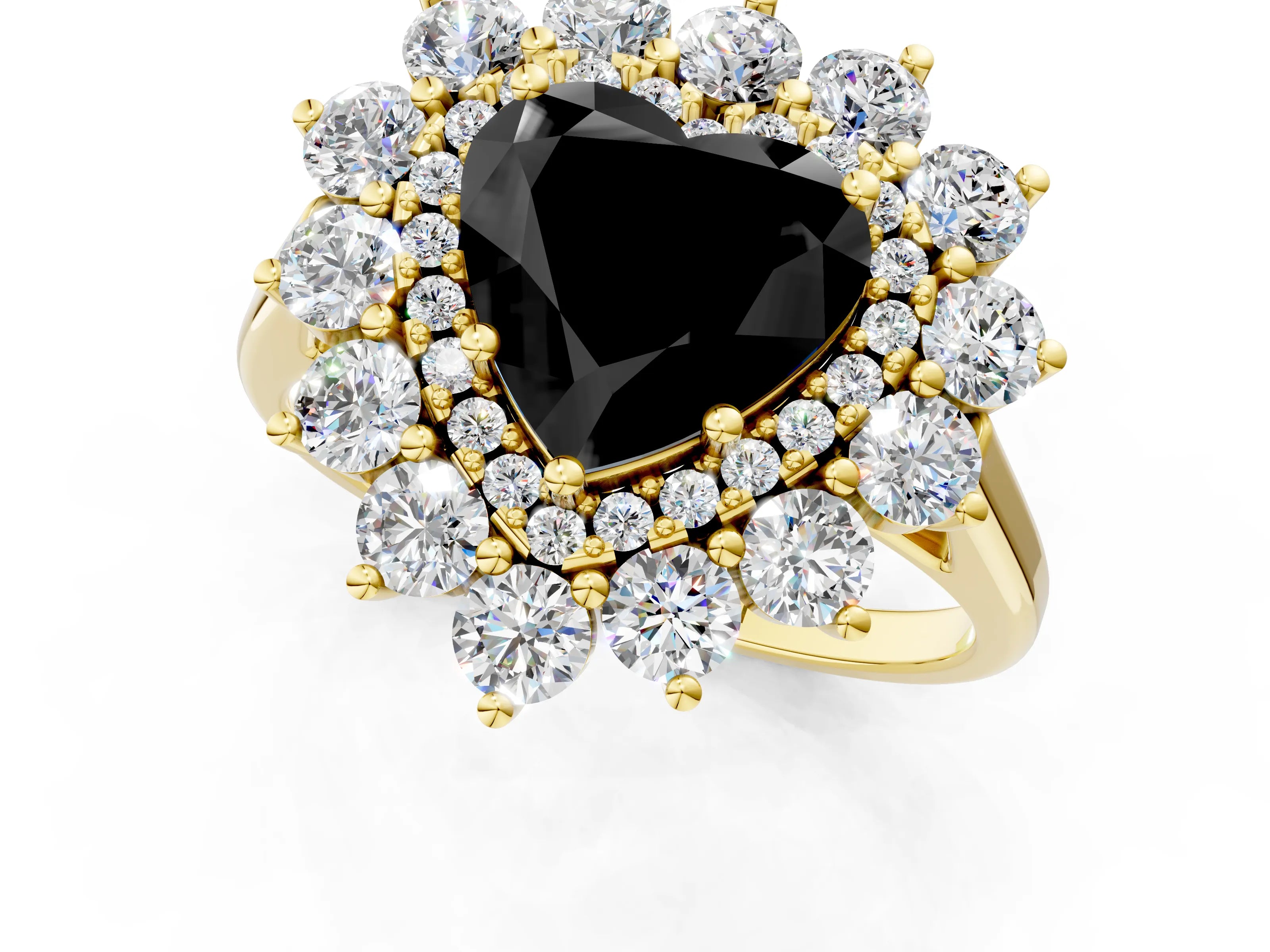Yellow gold Fancy Black Heart Cut Halo Cluster Diamond Ring with Pave Band and Four-Prong Setting_1
