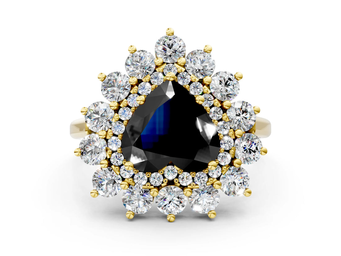 Yellow gold Fancy Black Heart Cut Halo Cluster Diamond Ring with Pave Band and Four-Prong Setting_12