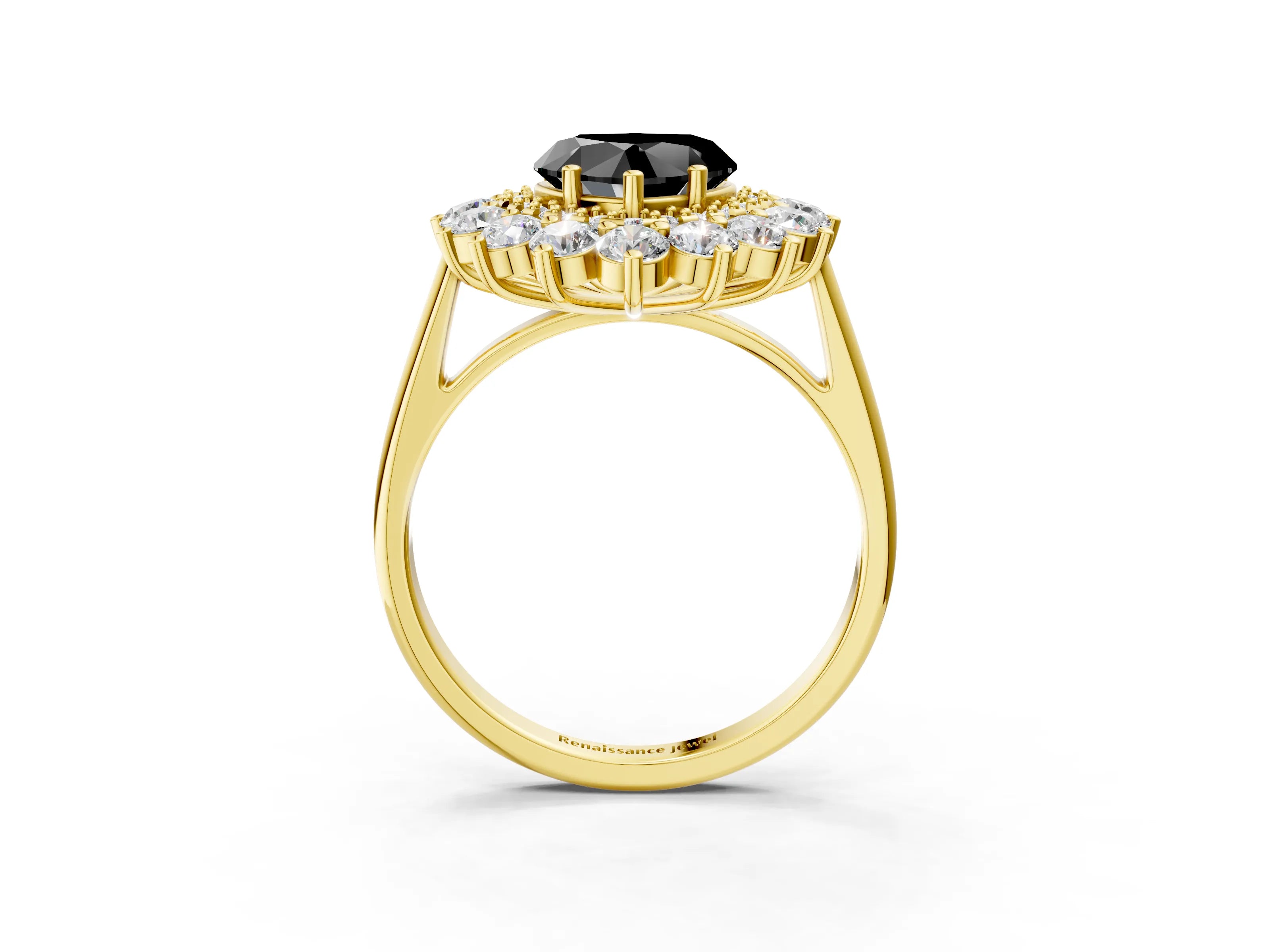 Yellow gold Fancy Black Heart Cut Halo Cluster Diamond Ring with Pave Band and Four-Prong Setting_15