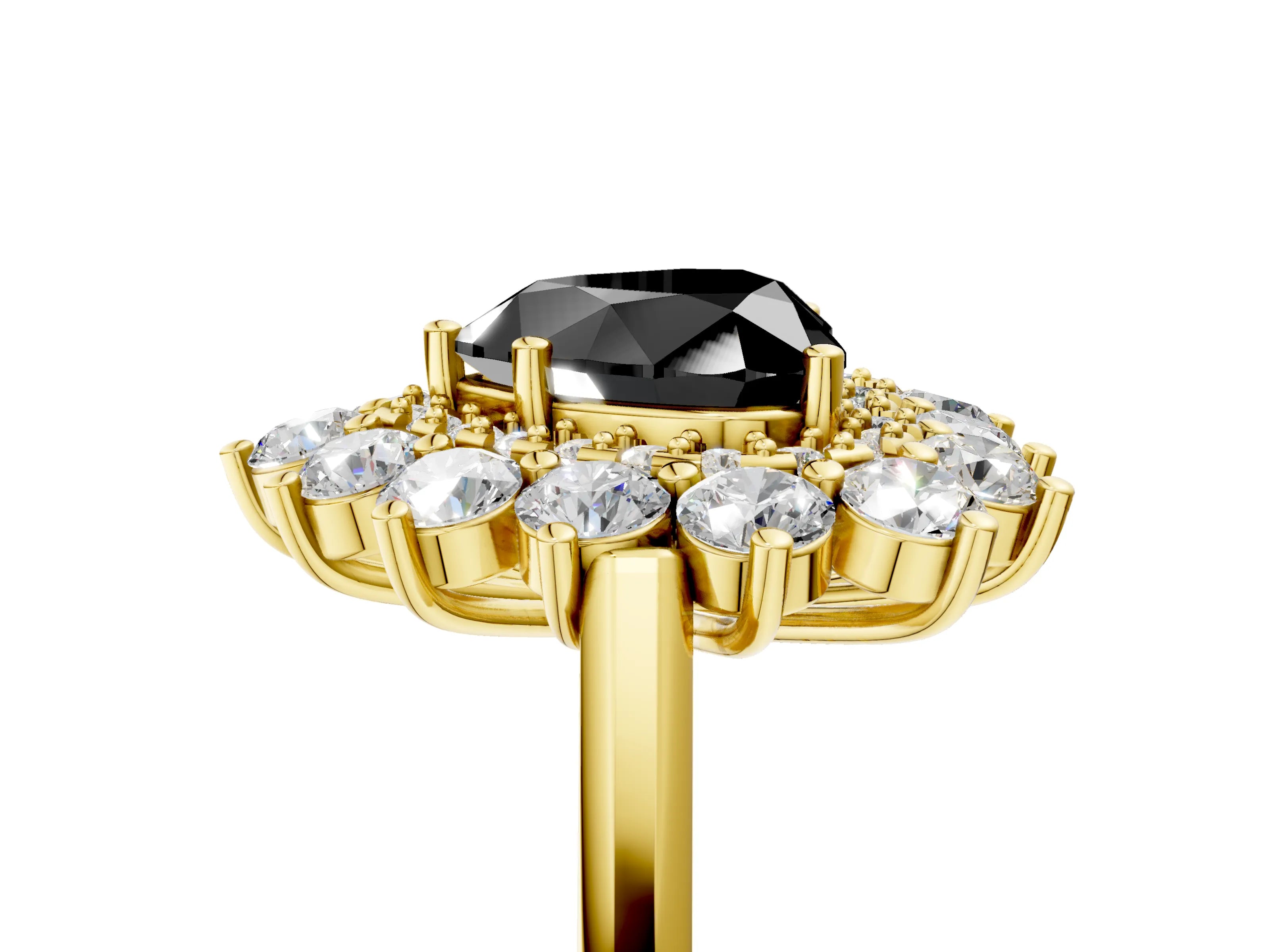 Yellow gold Fancy Black Heart Cut Halo Cluster Diamond Ring with Pave Band and Four-Prong Setting_17