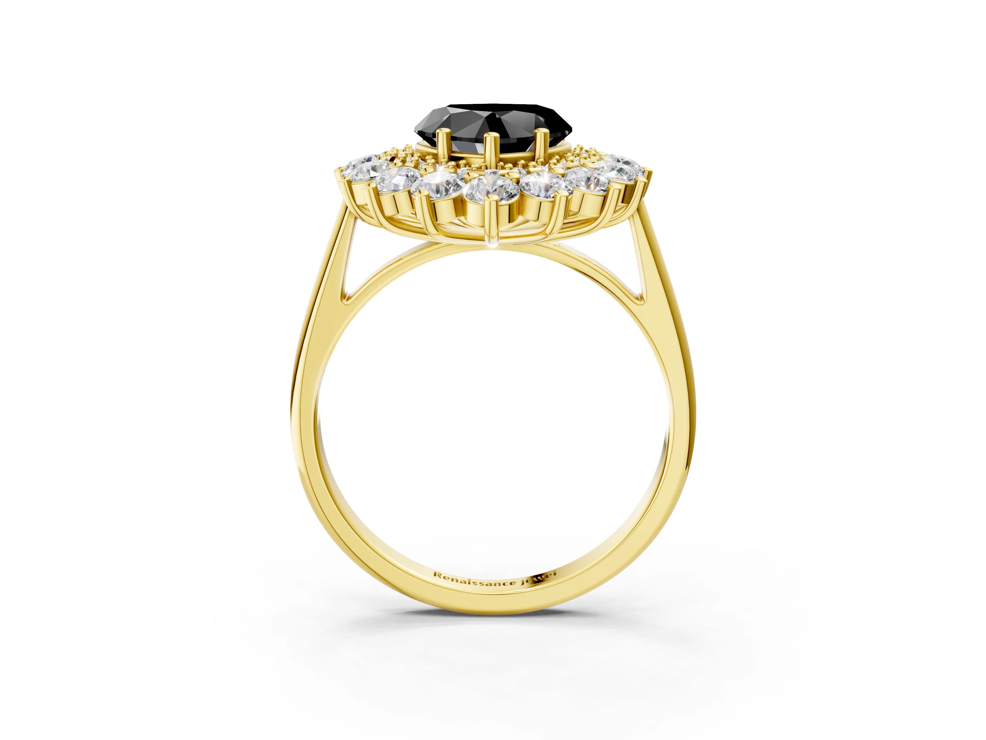Yellow gold Fancy Black Heart Cut Halo Cluster Diamond Ring with Pave Band and Four-Prong Setting_3