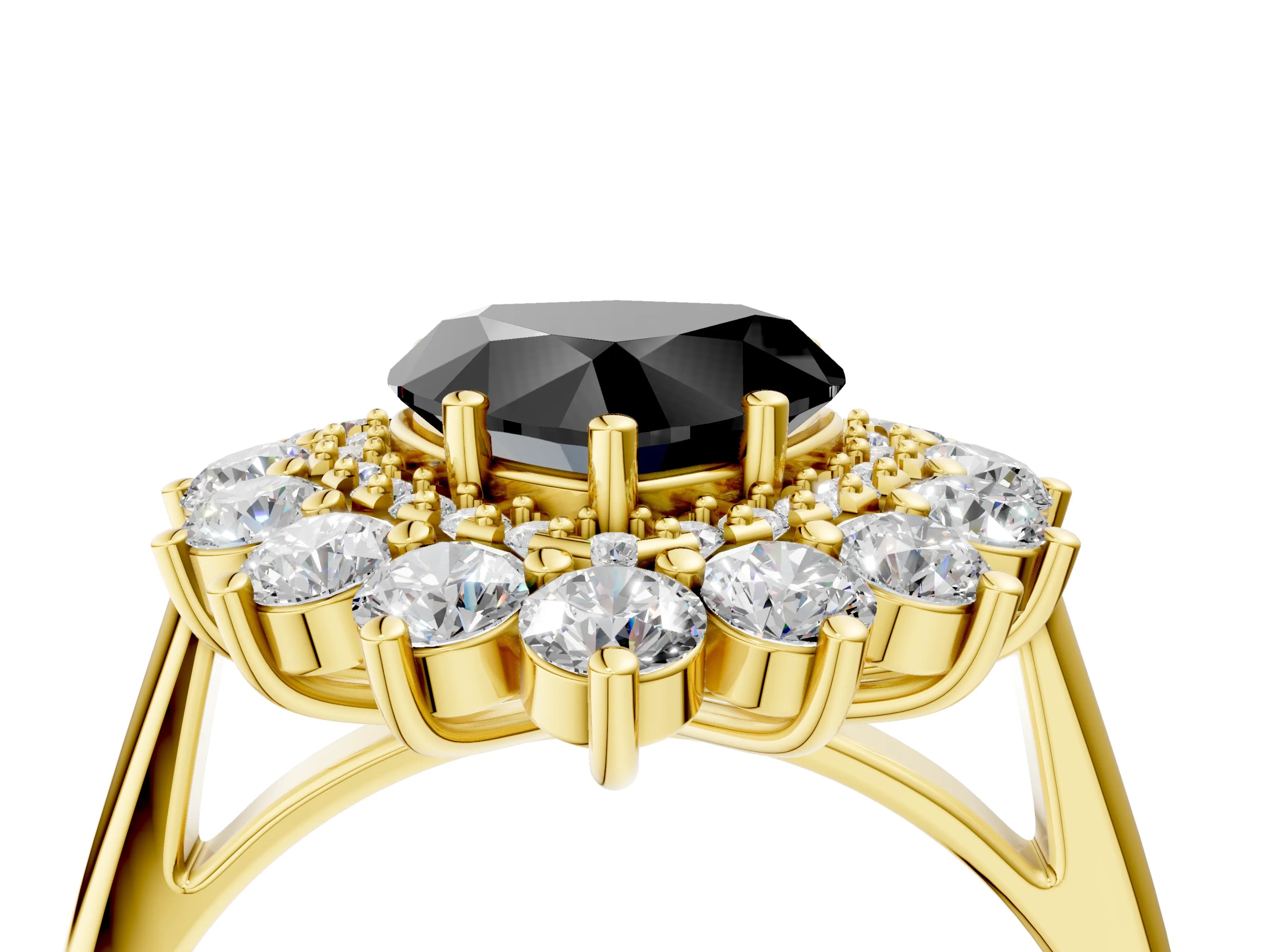Yellow gold Fancy Black Heart Cut Halo Cluster Diamond Ring with Pave Band and Four-Prong Setting_4