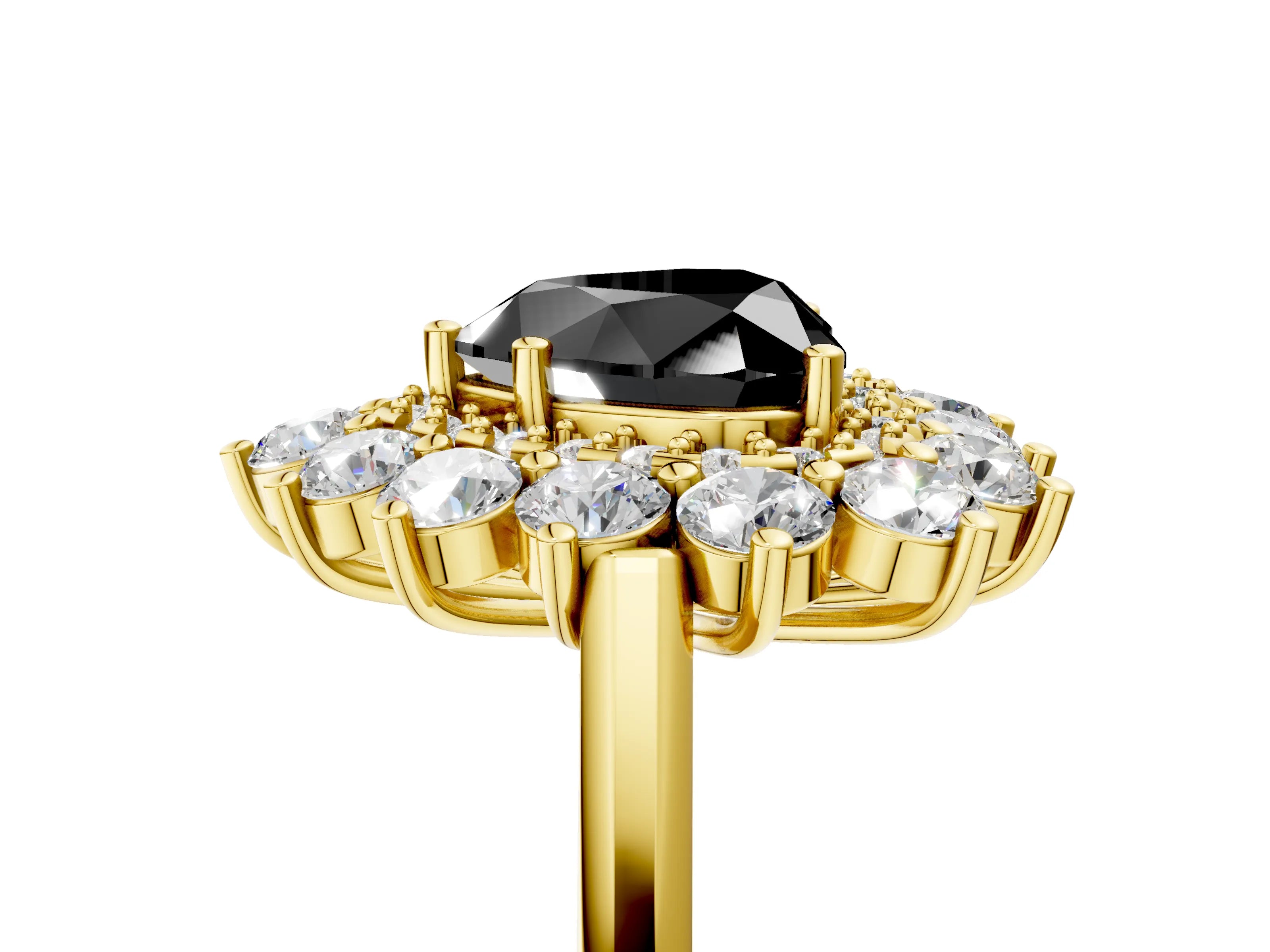 Yellow gold Fancy Black Heart Cut Halo Cluster Diamond Ring with Pave Band and Four-Prong Setting_5