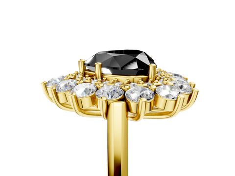 Yellow gold Fancy Black Heart Cut Halo Cluster Diamond Ring with Pave Band and Four-Prong Setting_5