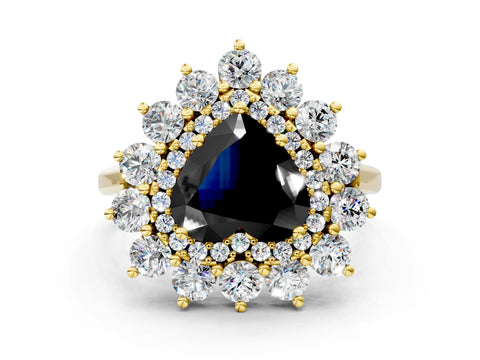 Yellow gold Fancy Black Heart Cut Halo Cluster Diamond Ring with Pave Band and Four-Prong Setting