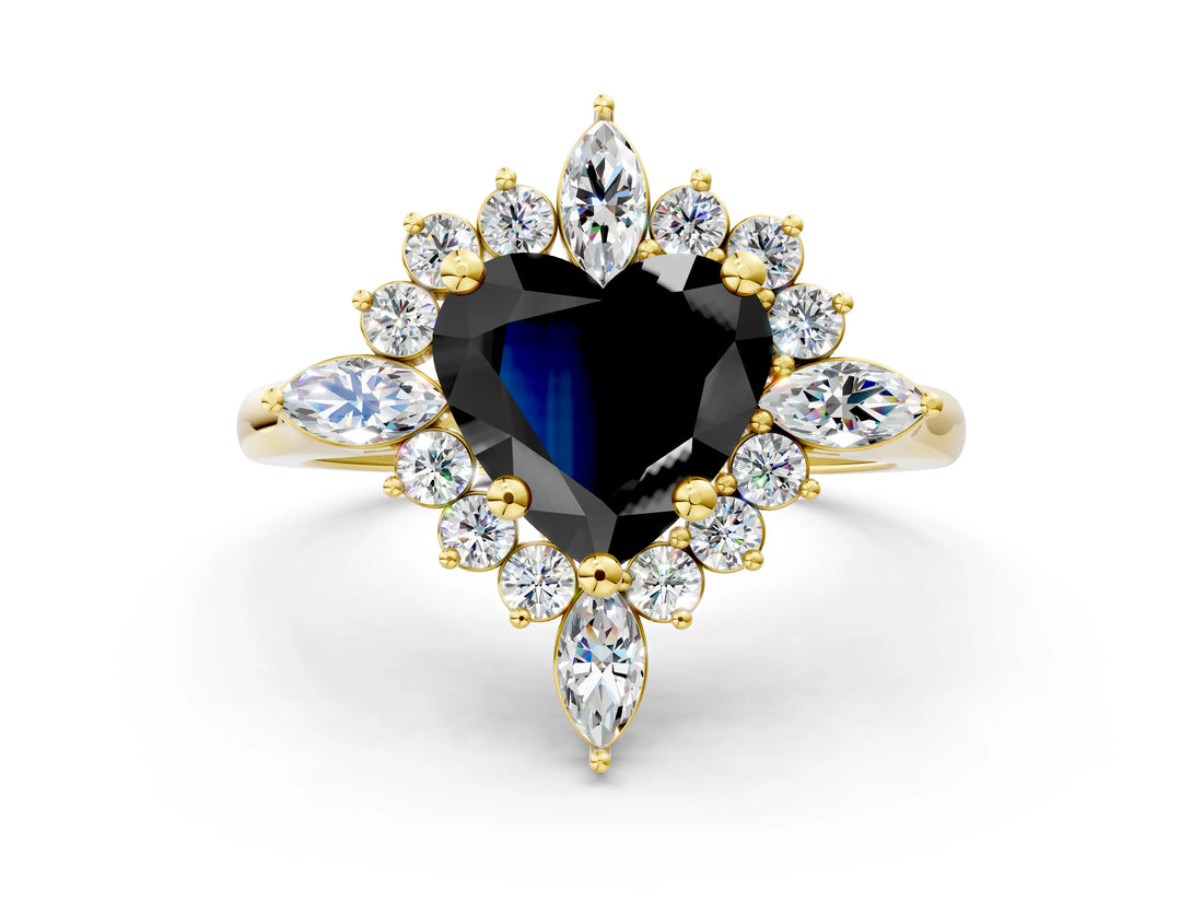 Yellow gold Fancy Black Heart Cut Halo Diamond Cluster Ring with Marquise and Round Stones on a White Gold Band with Prong Setting