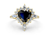 Yellow gold Fancy Black Heart Cut Halo Diamond Cluster Ring with Marquise and Round Stones on a White Gold Band with Prong Setting