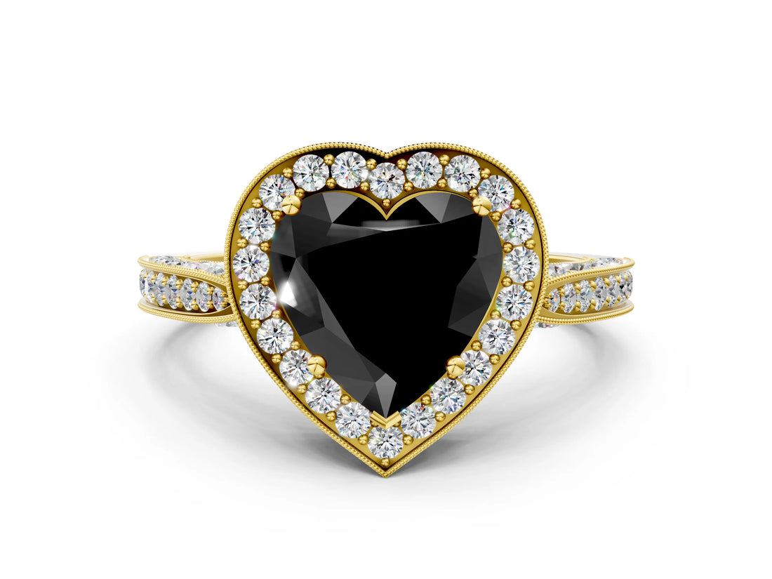 Yellow gold Fancy Black Heart Cut Halo Diamond Engagement Ring with Split Shank Band and Four-Prong Setting