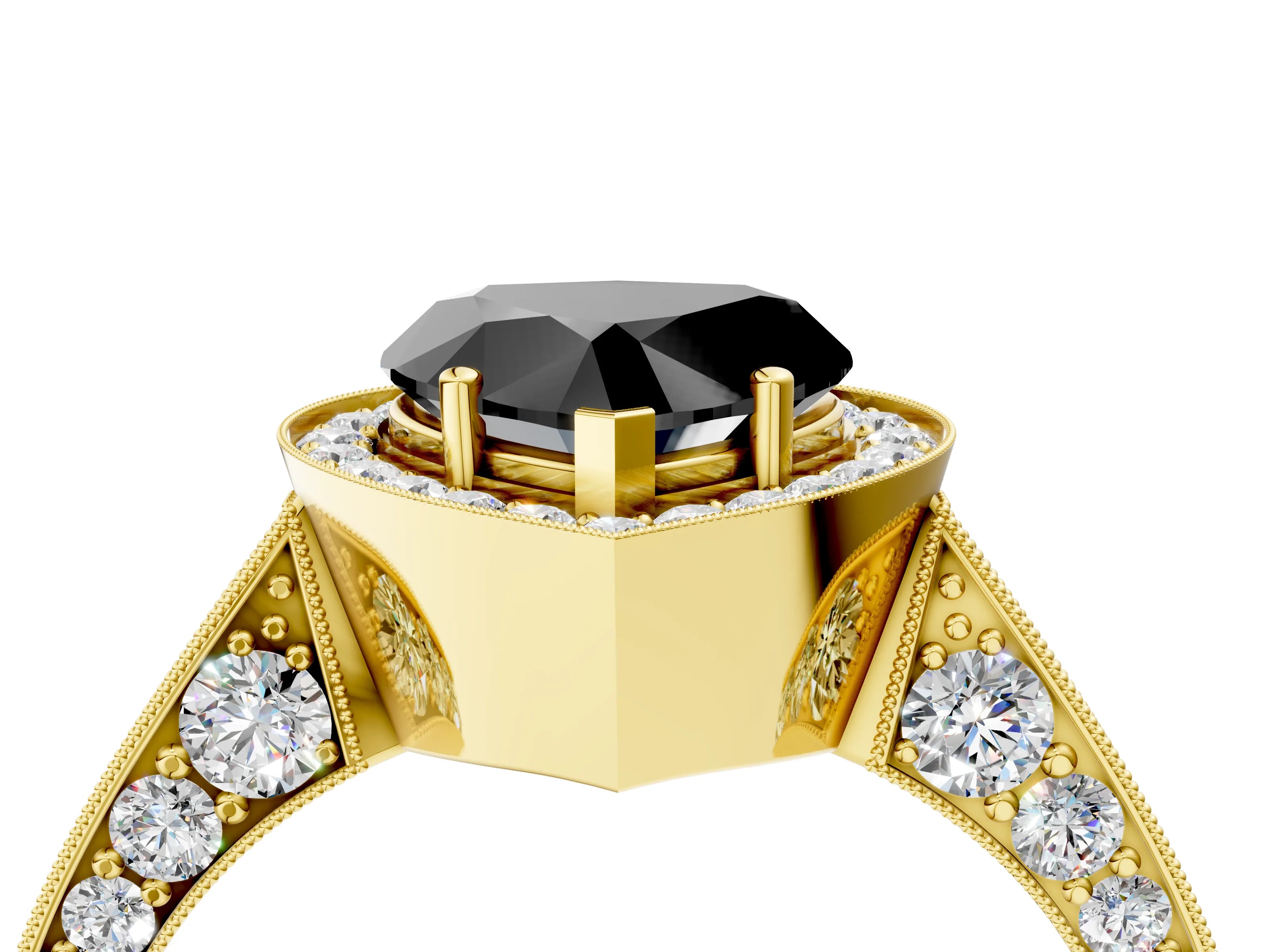 Yellow gold Fancy Black Heart Cut Halo Diamond Engagement Ring with Split Shank Band and Four-Prong Setting_4