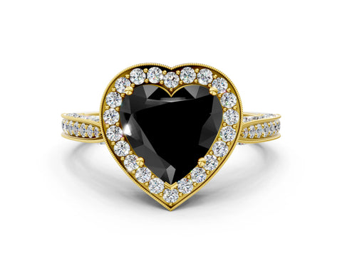 Yellow gold Fancy Black Heart Cut Halo Diamond Engagement Ring with Split Shank Band and Four-Prong Setting
