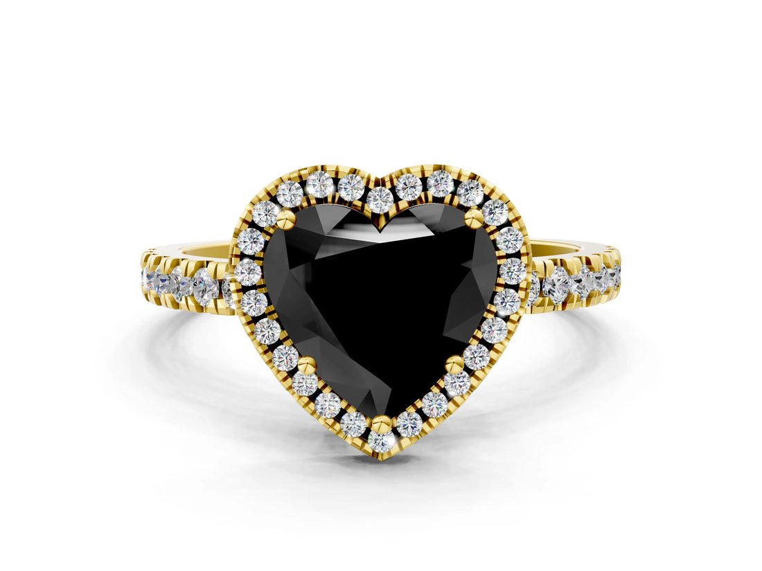 Yellow gold Fancy Black Heart Cut Halo Diamond Pave Band with Prong Setting