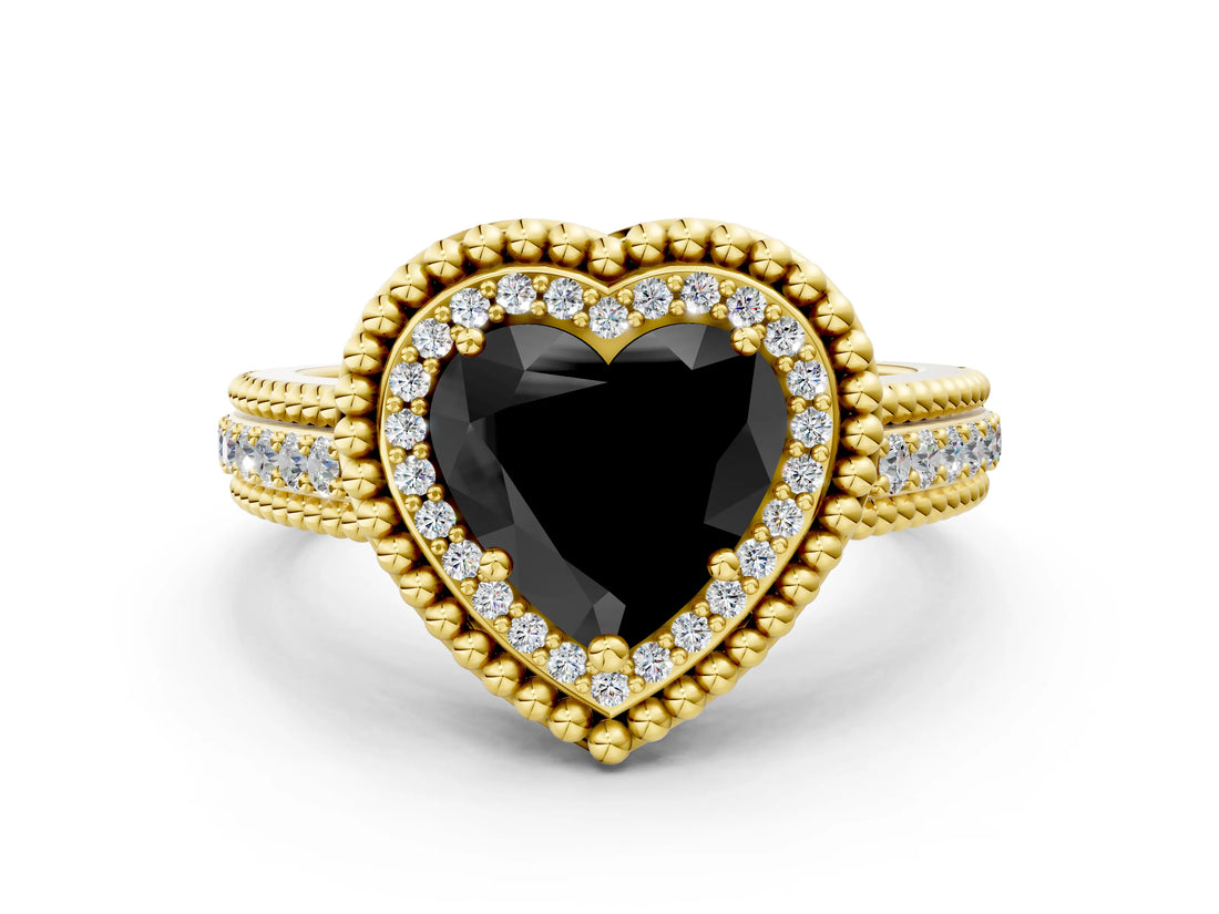 Yellow gold Fancy Black Heart Cut Halo Diamond Ring with Beaded Split Shank and Four-Prong Setting