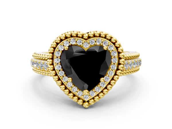 Yellow Gold Heart-Shaped Beaded Halo Engagement Ring Setting for Black Center with Pave
