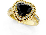 Yellow gold Fancy Black Heart Cut Halo Diamond Ring with Beaded Split Shank and Four-Prong Setting_1