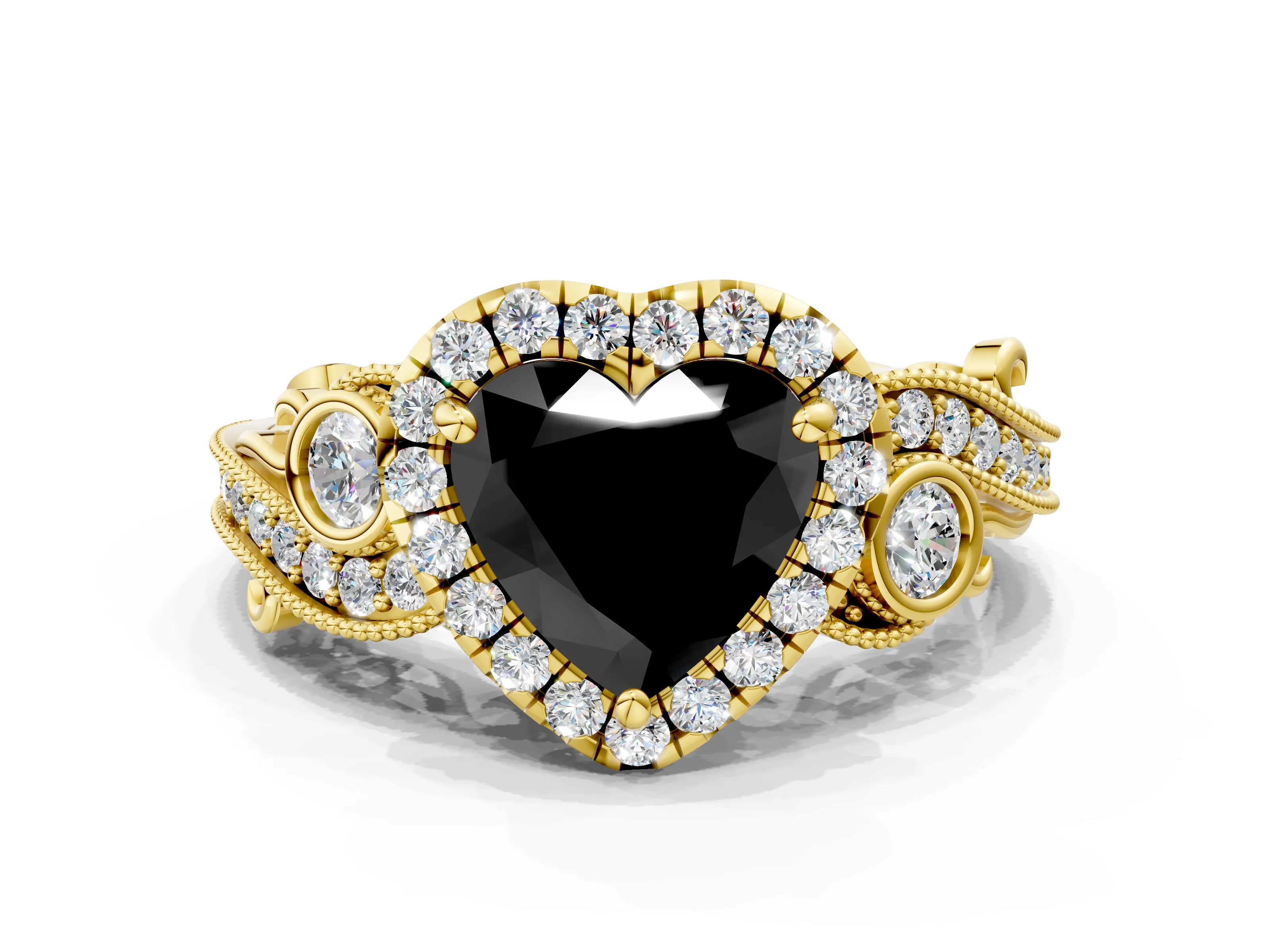 Yellow gold Fancy Black Heart Cut Halo Diamond Ring with Milgrain and Bezel Accents on a Split Shank Band
