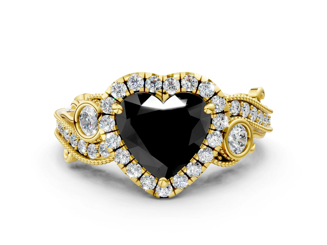 Yellow gold Fancy Black Heart Cut Halo Diamond Ring with Milgrain and Bezel Accents on a Split Shank Band_12
